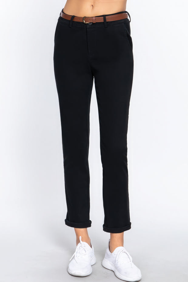 Cotton-span Twill Belted Long Pants - Fashionmj