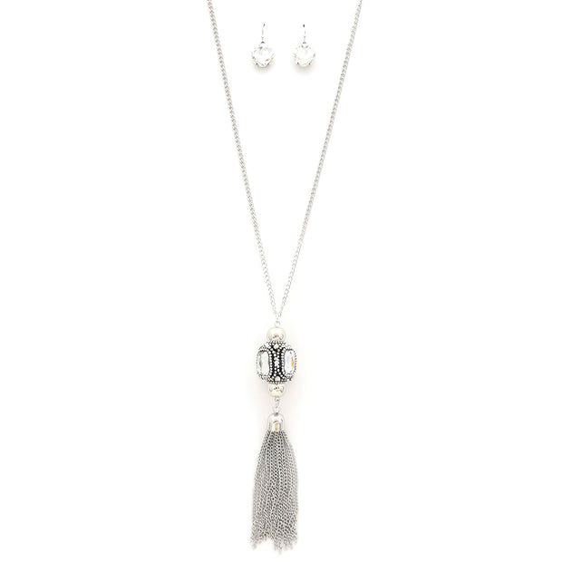 Cube Rhinestone Chain Tassel Necklace - Fashionmj