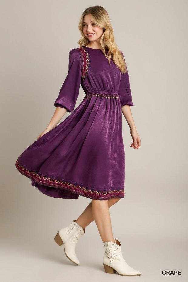 Satin Round Neck Embroidery Midi Dress - Fashionmj