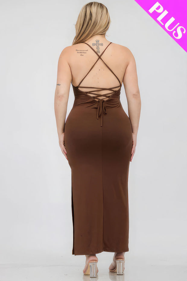 Plus Size Crisscross Back Split Thigh Maxi Dress - Fashionmj