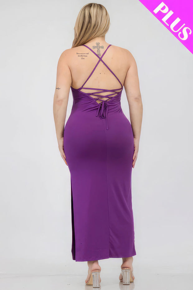 Plus Size Crisscross Back Split Thigh Maxi Dress - Fashionmj