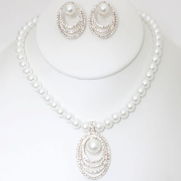 Rhinestone Pearl Necklace And Earring Set - Fashionmj