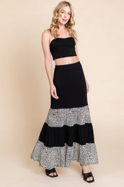 Long Tiered Contrast Fashion Skirt With Velvet Animal Print Mesh - Fashionmj