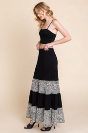 Long Tiered Contrast Fashion Skirt With Velvet Animal Print Mesh - Fashionmj