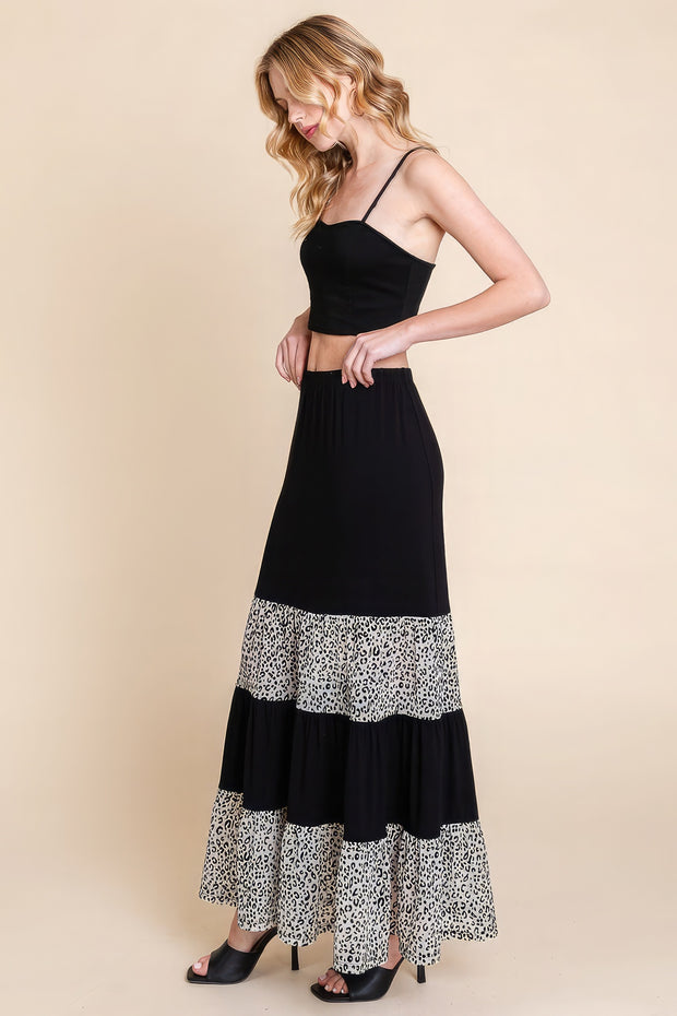 Long Tiered Contrast Fashion Skirt With Velvet Animal Print Mesh - Fashionmj