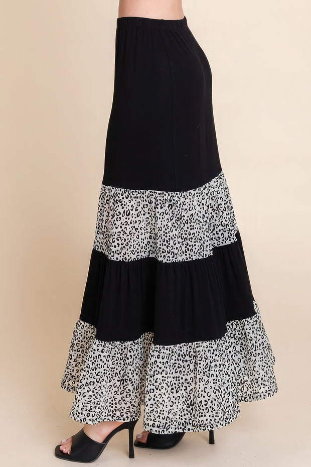 Long Tiered Contrast Fashion Skirt With Velvet Animal Print Mesh - Fashionmj