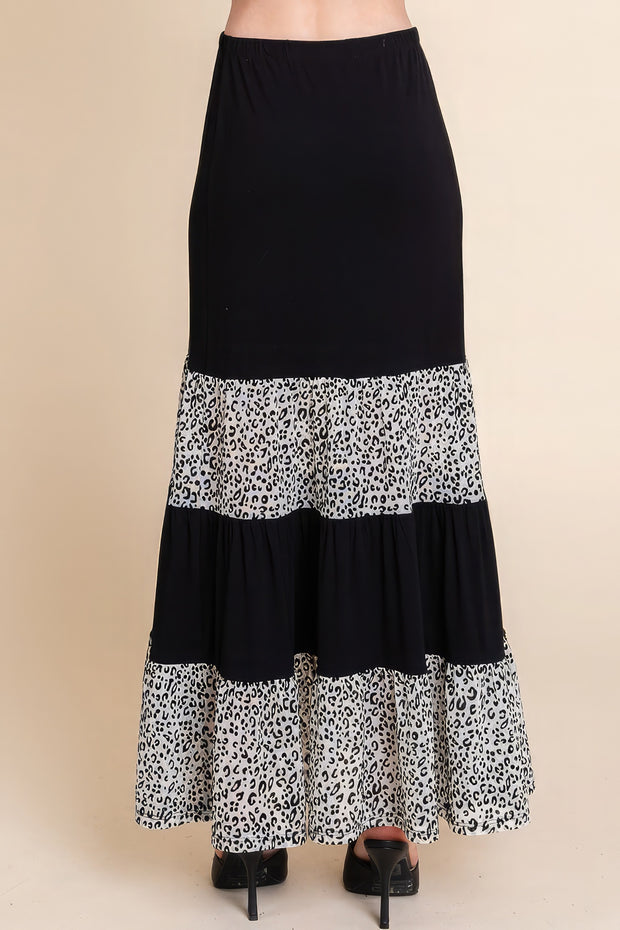 Long Tiered Contrast Fashion Skirt With Velvet Animal Print Mesh - Fashionmj