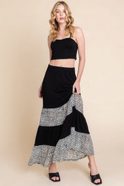 Long Tiered Contrast Fashion Skirt With Velvet Animal Print Mesh - Fashionmj