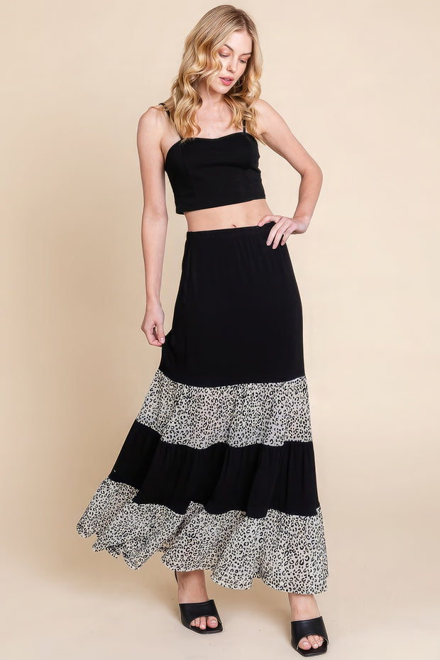 Long Tiered Contrast Fashion Skirt With Velvet Animal Print Mesh - Fashionmj