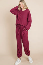 Two Tone Solid Warm And Soft Hacci Brush Loungewear Set - Fashionmj