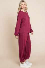 Two Tone Solid Warm And Soft Hacci Brush Loungewear Set - Fashionmj