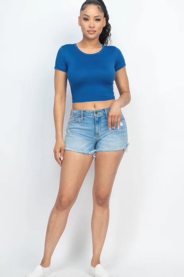 Short Sleeve Roundneck Crop Top - Fashionmj