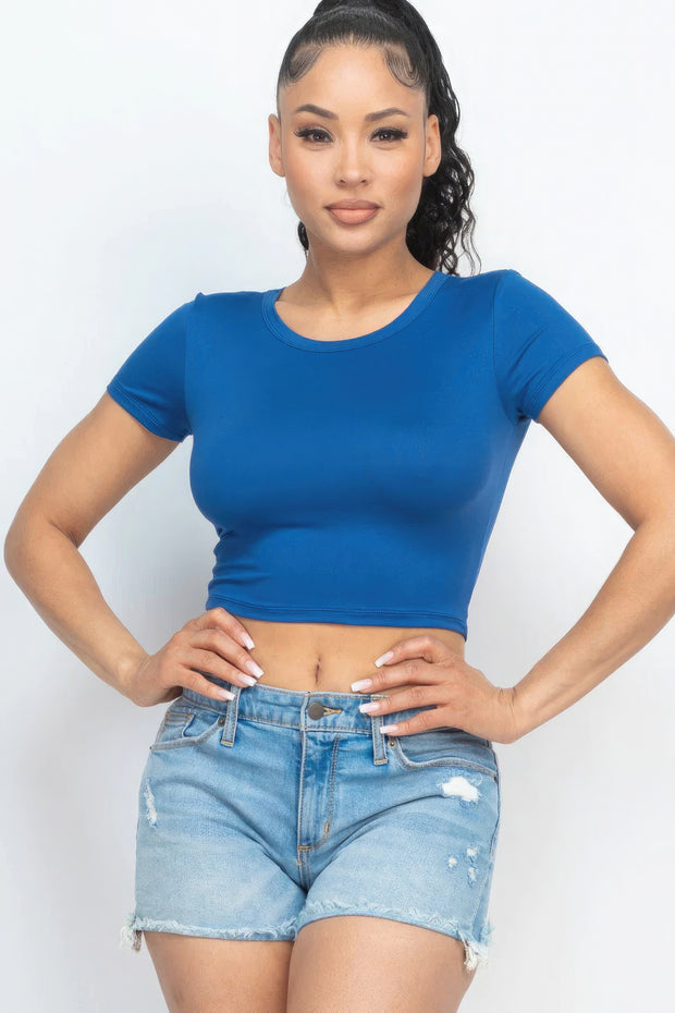 Short Sleeve Roundneck Crop Top - Fashionmj