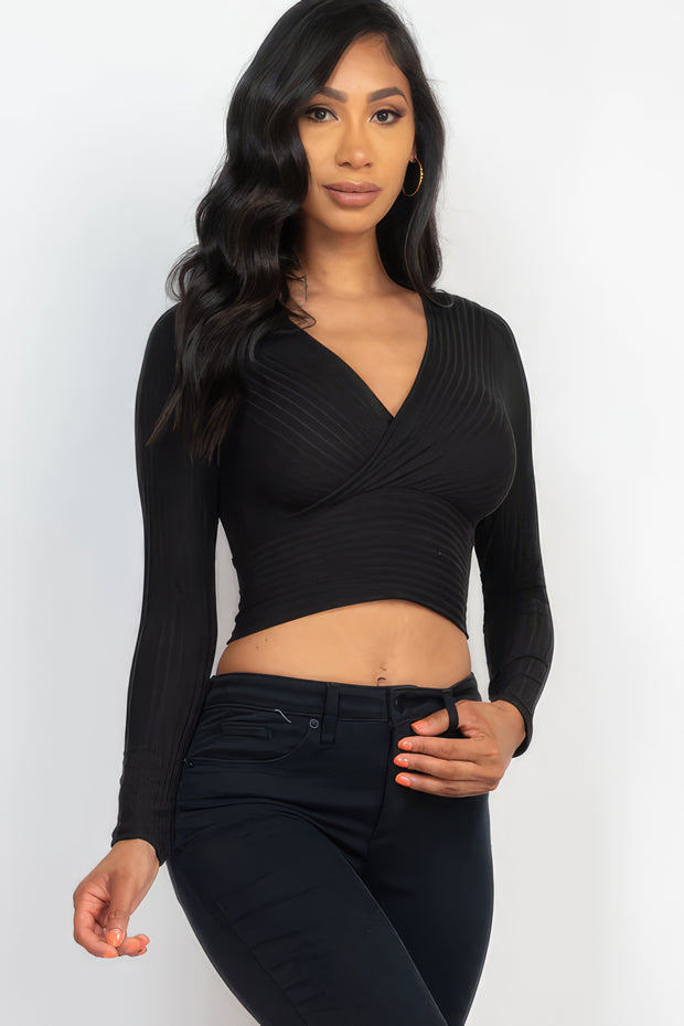 Ribbed Wrap Front Long Sleeve Top - Fashionmj