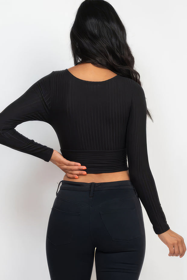 Ribbed Wrap Front Long Sleeve Top - Fashionmj