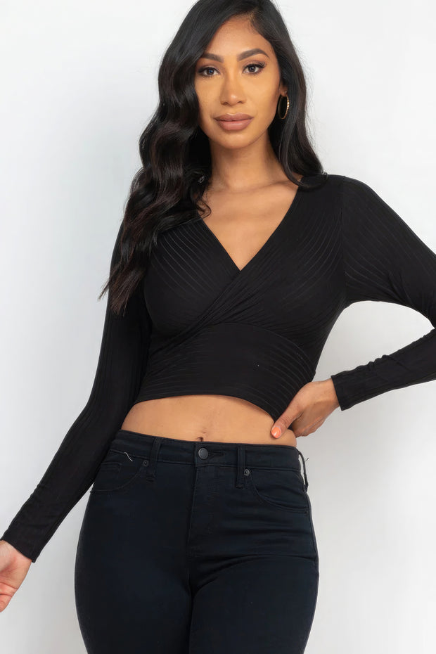 Ribbed Wrap Front Long Sleeve Top - Fashionmj