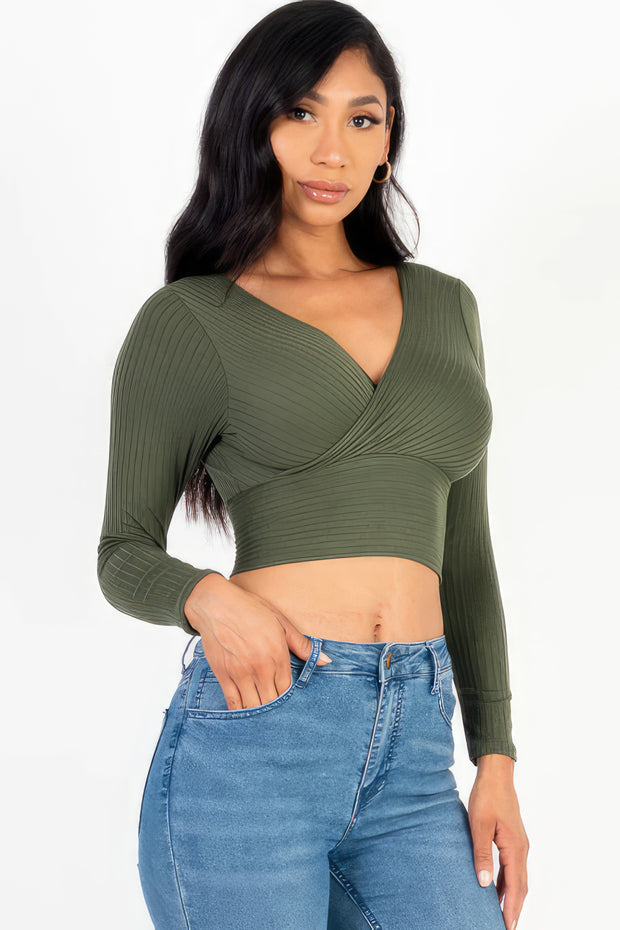 Ribbed Wrap Front Long Sleeve Top - Fashionmj