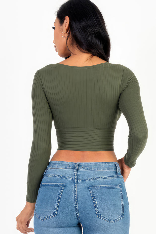 Ribbed Wrap Front Long Sleeve Top - Fashionmj