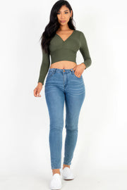 Ribbed Wrap Front Long Sleeve Top - Fashionmj