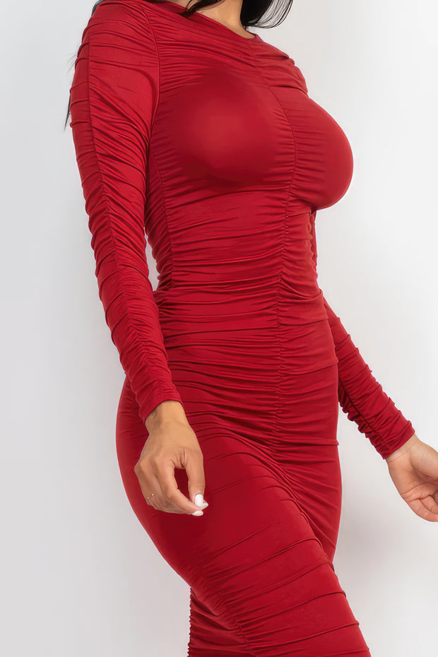 Ruched Long Sleeve Midi Dress - Fashionmj