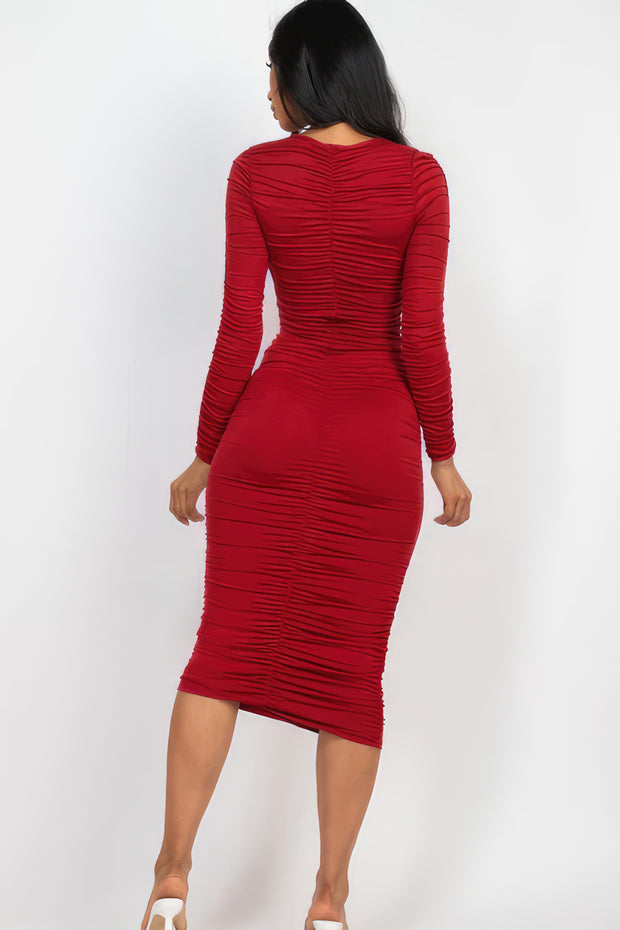 Ruched Long Sleeve Midi Dress - Fashionmj