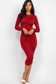 Ruched Long Sleeve Midi Dress - Fashionmj