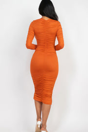 Ruched Long Sleeve Midi Dress - Fashionmj