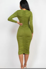 Ruched Long Sleeve Midi Dress - Fashionmj