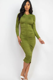 Ruched Long Sleeve Midi Dress - Fashionmj