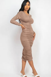 Ruched Long Sleeve Midi Dress - Fashionmj