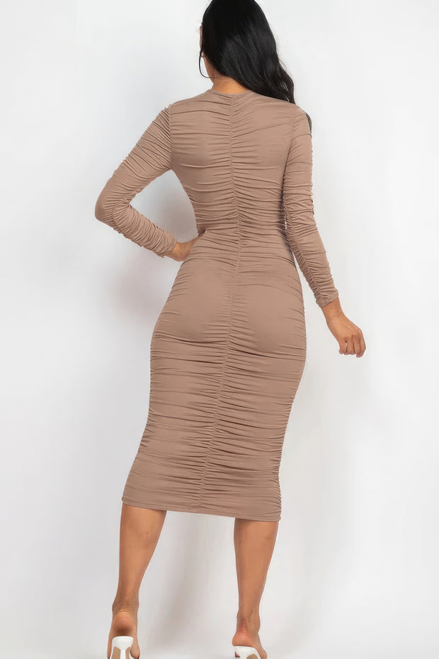 Ruched Long Sleeve Midi Dress - Fashionmj