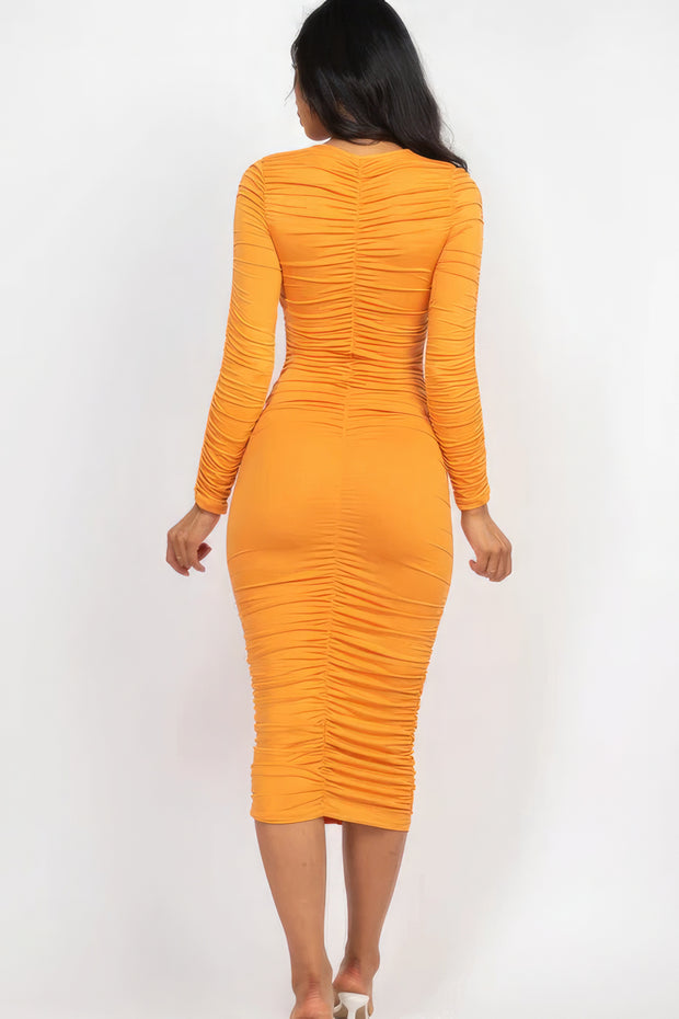 Ruched Long Sleeve Midi Dress - Fashionmj