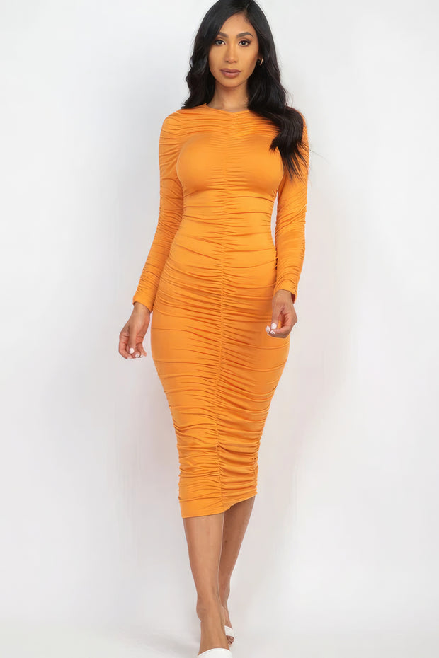 Ruched Long Sleeve Midi Dress - Fashionmj