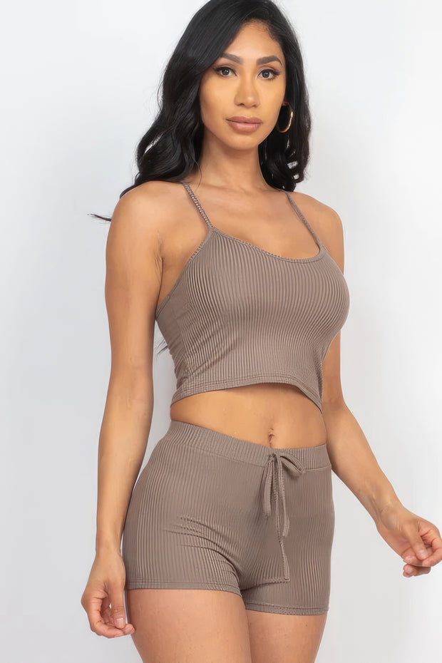 Ribbed Crop Cami Top & Shorts Set - Fashionmj