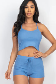 Ribbed Crop Cami Top & Shorts Set - Fashionmj