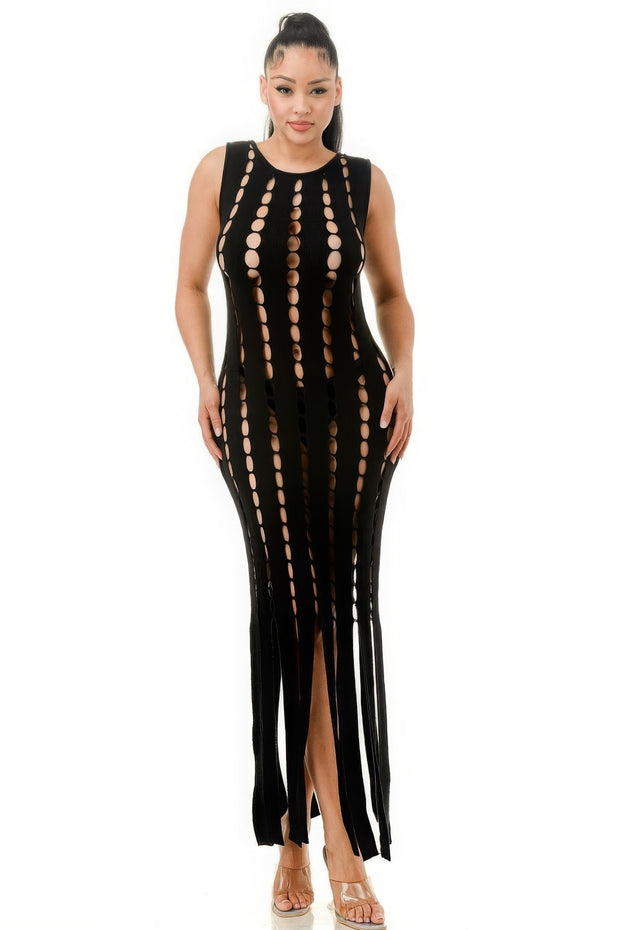 Cut Out Fringe Dress - Fashionmj