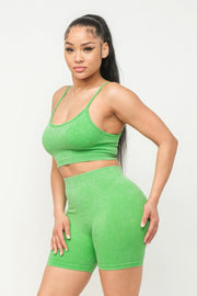 Washed Seamless Basic Tank Top And Shorts Set - Fashionmj