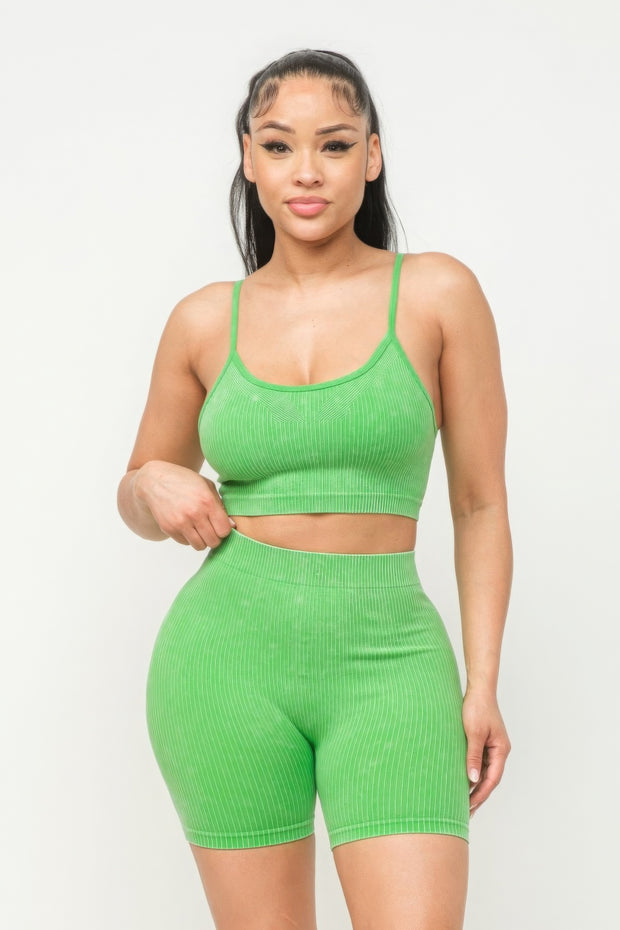 Washed Seamless Basic Tank Top And Shorts Set - Fashionmj