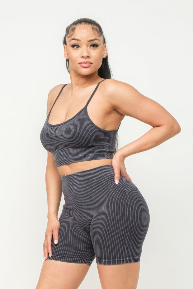 Washed Seamless Basic Tank Top And Shorts Set - Fashionmj