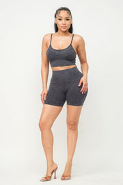 Washed Seamless Basic Tank Top And Shorts Set - Fashionmj