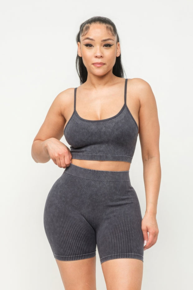 Washed Seamless Basic Tank Top And Shorts Set - Fashionmj