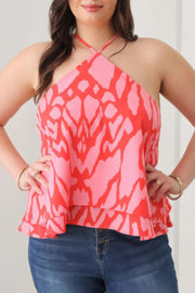 Plus Size Abstract Print Halter Ruffle Hem Top - Fashionmj