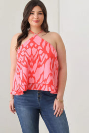 Plus Size Abstract Print Halter Ruffle Hem Top - Fashionmj