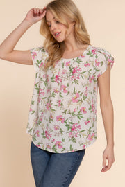 Short Tulip Slv Floral Print Woven Top - Fashionmj