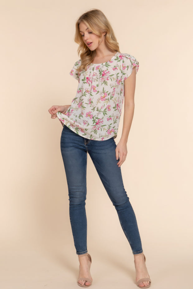 Short Tulip Slv Floral Print Woven Top - Fashionmj