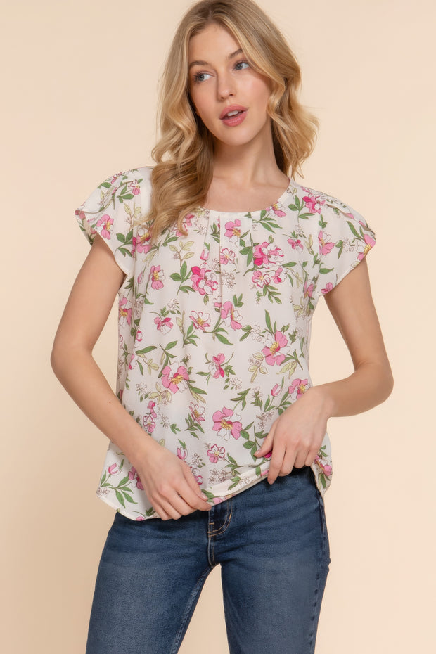 Short Tulip Slv Floral Print Woven Top - Fashionmj