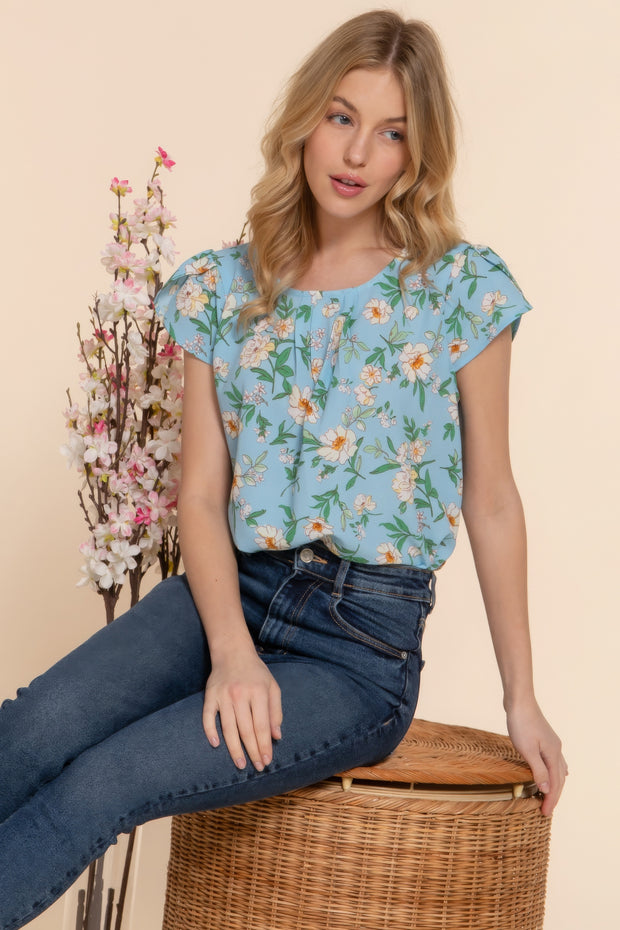 Short Tulip Slv Floral Print Woven Top - Fashionmj