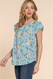 Short Tulip Slv Floral Print Woven Top - Fashionmj