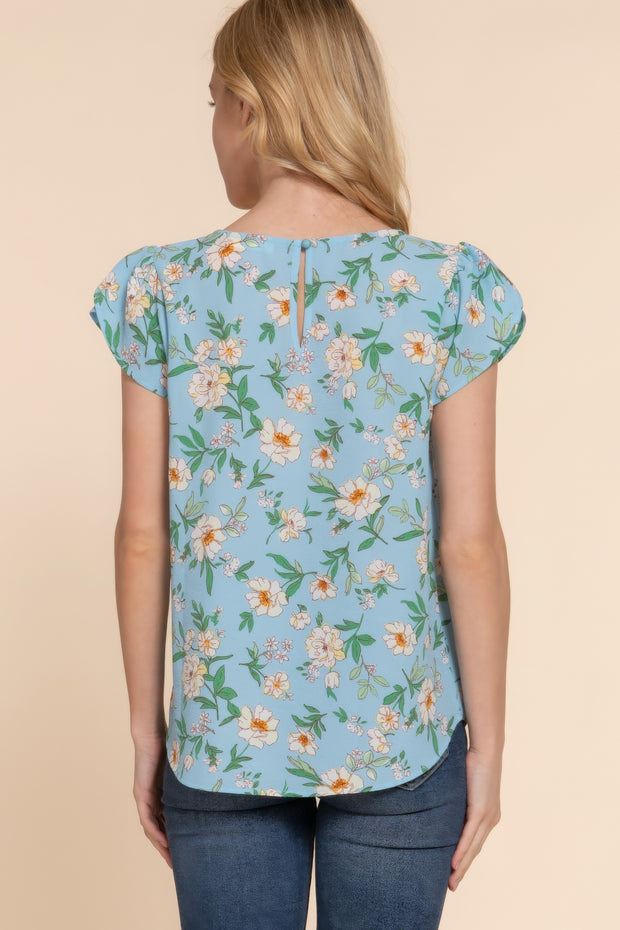 Short Tulip Slv Floral Print Woven Top - Fashionmj