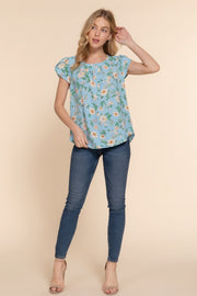 Short Tulip Slv Floral Print Woven Top - Fashionmj